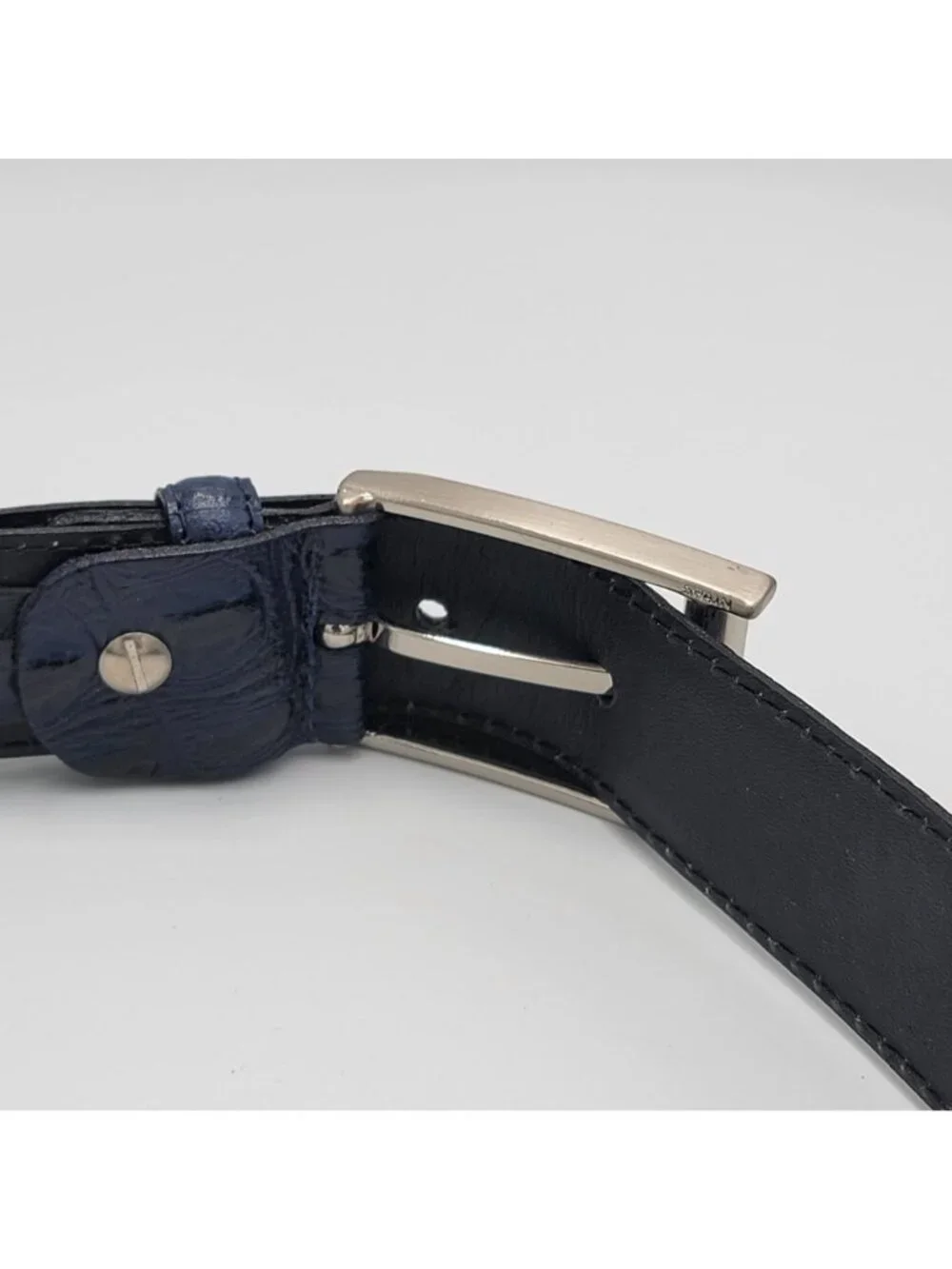 Vtg Giorgio Brutini Genuine Navy Blue Leather Belt With Embossed Texture & Silve
